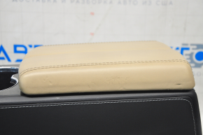 Central console armrest and cup holders Tesla Model S 12-15 pre-restored, black leather, with glossy inserts, beige armrest, scratches, for cleaning