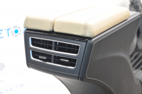 Central console armrest and cup holders Tesla Model S 12-15 pre-restored, black leather, with glossy inserts, beige armrest, scratches, for cleaning