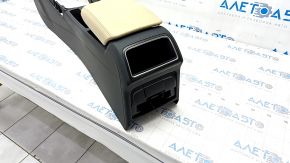 Central console armrest and cup holders Audi A4 B8 13-16 rest leather black with beige, scratches, missing plug