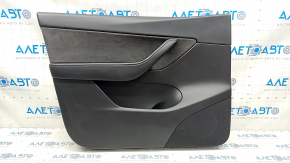 Door trim card front left Tesla Model Y 20 - black leather, with backlight, glossy trim, with suede insert, with window lift control, with door opening button, cracks