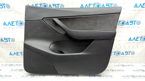 Door trim card front right Tesla Model Y 20 - black leather, with backlight, glossy trim, with suede insert with window lift control with door opening button, scratches