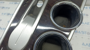 Center console trim with cup holders Nissan Pathfinder 13-20 fwd, wood grain, for heated seats, scratches, crack in fastening