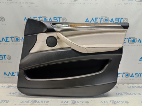 Door trim card front right BMW X5 E70 07-13 black, beige insert, wood trim, handle defect, cracked varnish, bumps