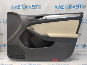 Door trim card front right VW Jetta 11-18 USA black with beige insert plastic, armrest leather, molding gray gloss, scratches