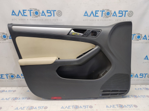Door trim card front left VW Jetta 11-18 USA black with beige insert plastic, armrest leather, molding gray gloss, scratches