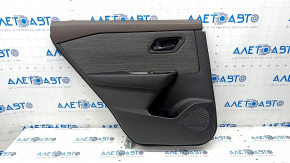 Door trim card rear left Nissan Rogue 23 S US built black without curtain with gray insert cloth, armrest leather, brown top