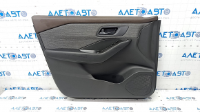 Door trim card front left Nissan Rogue 23 S US built black with gray insert cloth, armrest leather, brown top, dry cleanable