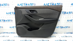 Door trim card front right Nissan Rogue 23 S US built black with gray insert cloth, armrest leather, brown top, dry cleanable