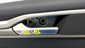 Door trim card rear left Ford Fusion mk5 17-20 black with gray insert, cloth, leather armrest, gray molding, scratches, missing plug
