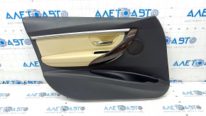 Door trim card front left BMW 3 F30 12-18 black, wood trim, beige leather insert, with gray molding and backlight, handle defect