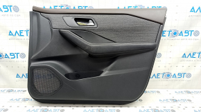 Door trim card front right Nissan Rogue 21-23 Japan built black with gray insert cloth, armrest leather, brown top, scratches
