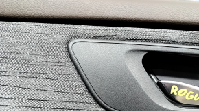 Door trim card front right Nissan Rogue 21-23 Japan built black with gray insert cloth, armrest leather, brown top, scratches