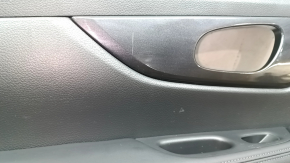 Door trim card rear left Nissan Rogue 14-20 black, graphite insert plastic, armrest leather, scratches
