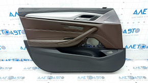 Door trim card front left BMW 5 G30 17-23 dark brown leather, molding gray rhombus, for seat memory, without speaker mesh, broken fasteners, coating defect