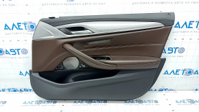Door trim card front right BMW 5 G30 17-23 leather dark brown, molding gray rhombus, for seat memory, without speaker mesh, bump, scratches