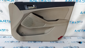 Door trim card front right Kia Optima 11-15 beige, with beige insert cloth, overlay in wood color, armrest leather, scratches, dent, need cleaning, tear