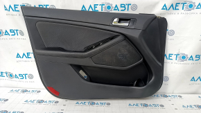 Door trim card front left Kia Optima 11-15 black, with gray insert cloth, armrest leather, scratches, dent, tear, needs cleaning