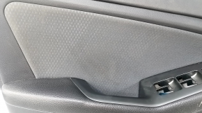 Door trim card front left Kia Optima 11-15 black, with gray insert cloth, armrest leather, scratches, dent, tear, needs cleaning