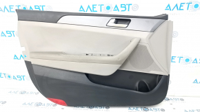 Door trim card front left Hyundai Sonata 15-17 black, with gray insert plastic, armrest leather, gray molding structure, dents, scratches, abrasions, need cleaning, cracks in fasteners