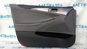 Door trim card front left Hyundai Sonata 11-15 dark gray, with gray insert plastic, armrest leather, dents, scratches, abrasions