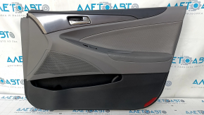 Door trim card front right Hyundai Sonata 11-15 dark gray, with gray insert, leather armrest, dents, scratches, bumps, abrasions