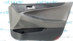 Door trim card front right Hyundai Sonata 11-15 dark gray, with gray insert, leather armrest, scuffs, scratches, dent, scuff