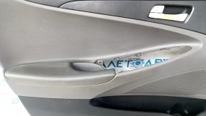 Door trim card front left Hyundai Sonata 11-15 dark gray, with gray insert plastic, armrest leather, dark gray molding structure, without overlay, scratches, abrasions, dent, bump