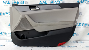 Door trim card front right Hyundai Sonata 15-17 black, with gray insert plastic, armrest leather, gray molding structure, dents, bumps, cracks in fasteners