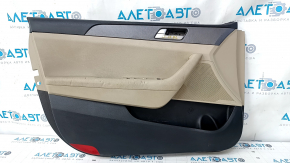 Door trim card front left Hyundai Sonata 15-19 black, with beige insert leather, armrest leather, gray molding structure, dents, scratches, abrasions, cracks in fasteners