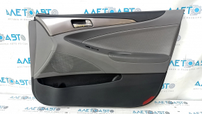 Door trim card front right Hyundai Sonata 11-15 dark gray, with gray insert, leather armrest, scuffs, scratches, bumps, dents