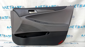 Door trim card front right Hyundai Sonata 11-15 dark gray, with gray insert, armrest leather, scuffs, scratches, dents, bumps