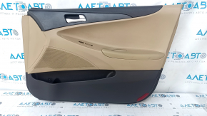 Door trim card front right Hyundai Sonata 11-15 beige, with beige insert, armrest leather, scuffs, scratches, dents, crack in fastening