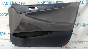 Door trim card front right Hyundai Sonata 11-15 dark gray, with gray insert, armrest leather, scuffs, scratches, dents, bumps