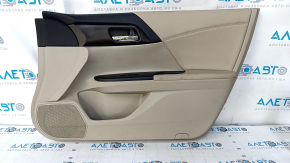Door trim card front right Honda Accord 13-17 beige, with beige insert, leather armrest, wood handle molding, scratches, abrasions, dent, for cleaning