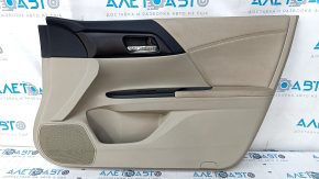 Door trim card front right Honda Accord 13-17 beige, with beige insert, leather armrest, wood handle molding, scratches, abrasions, for cleaning