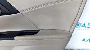Door trim card front right Honda Accord 13-17 beige, with beige insert, leather armrest, wood handle molding, scratches, abrasions, for cleaning