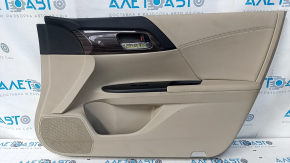 Door trim card front right Honda Accord 13-17 beige, with beige insert, leather armrest, wood handle molding, scratches, nicks, abrasions, dents, needs cleaning