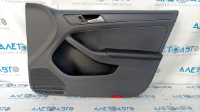 Door trim card front right VW Jetta 11-18 USA black with black insert plastic, armrest leather, molding black structure, scratches, abrasions