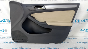Door trim card front right VW Jetta 11-18 USA black with beige insert plastic, armrest leather, molding gray gloss, scratches, abrasions, for cleaning