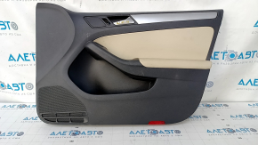Door trim card front right VW Jetta 11-18 USA black with beige insert plastic, armrest leather, molding gray gloss, scratches, abrasions