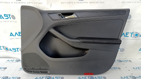 Door trim card front right VW Jetta 11-18 USA black with black insert plastic, armrest leather, molding black structure, scuffs scratches