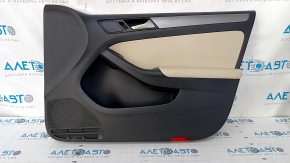 Door trim card front right VW Jetta 11-18 USA black with beige insert plastic, armrest leather, molding gray gloss, scratches, abrasions