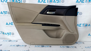 Door trim card front left Honda Accord 13-17 beige, with beige insert, leather armrest, wood molding, scratches, abrasions, for cleaning