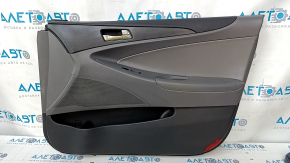Door trim card front right Hyundai Sonata 11-15 dark gray, with gray insert leather, armrest leather, black molding structure, scratches, dent, abrasions
