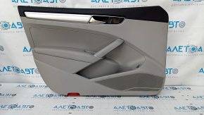 Door trim card front left VW Passat b8 16-19 USA gray, with gray insert plastic, armrest leather, molding gray gloss, scratches, dents, scuffs, pokes, broken fasteners