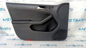 Door trim card front left VW Jetta 11-18 USA black with black insert plastic, armrest leather, molding black structure, scuffs, scratches