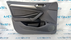 Door trim card front left VW Jetta 19- black with black insert leather, armrest leather, molding gray, scratches, abrasions, pokes, scuffs