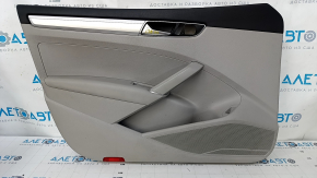 Door trim card front left VW Passat b8 16-19 USA gray, with gray insert plastic, armrest leather, molding gray gloss, scratches, dents, scuffs, pokes