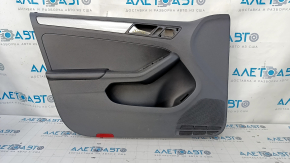 Door trim card front left VW Jetta 11-18 USA black with black insert plastic, armrest leather, molding gray gloss, scratches, abrasions, tear