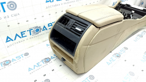 Central console armrest BMW 5 F10 11-16 beige, 2-zone climate control, broken deflector, cracks in leather, leather peeling, needs dry cleaning, broken fasteners